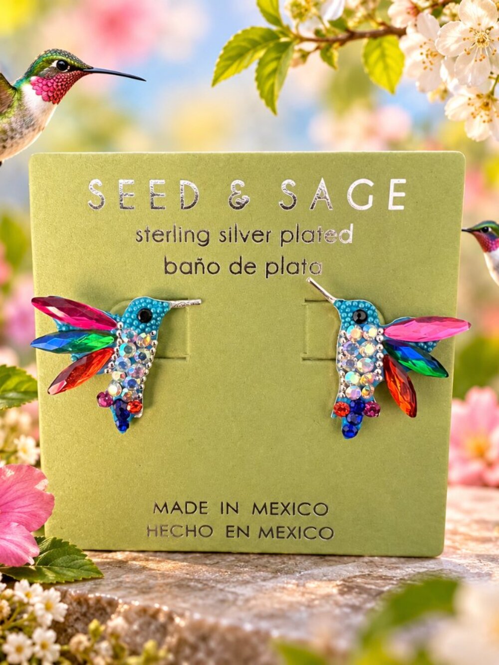 Sterling Silver plated Colorful crystals Hummingbird Stud Earrings Mexico nature